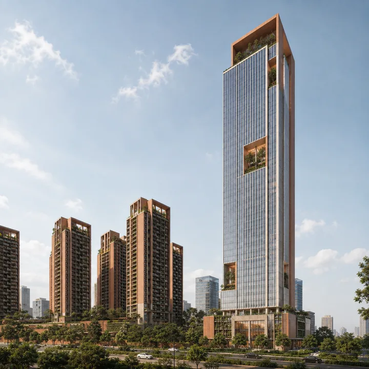 Total Environment Butterfly of Dreams 147 m commercial tower standing above the six brick residential towers on the Sarjapur Road campus