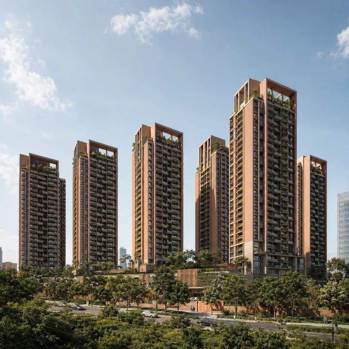 Total Environment Butterfly of Dreams six residential towers in exposed brick and natural stone rising to 112.80 m at Dommasandra on Sarjapur Road, Bengaluru