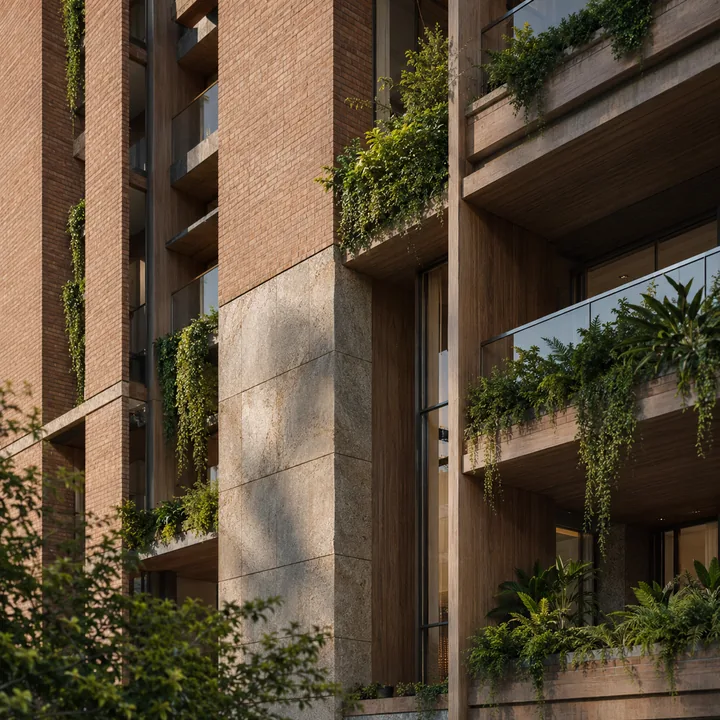 Total Environment Butterfly of Dreams facade detail in exposed brick, natural stone and timber with planting worked into the elevation