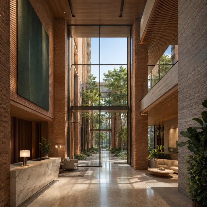Total Environment Butterfly of Dreams double-height tower lobby under a 4.80 m ground floor, framed in brick, stone and timber with a courtyard beyond