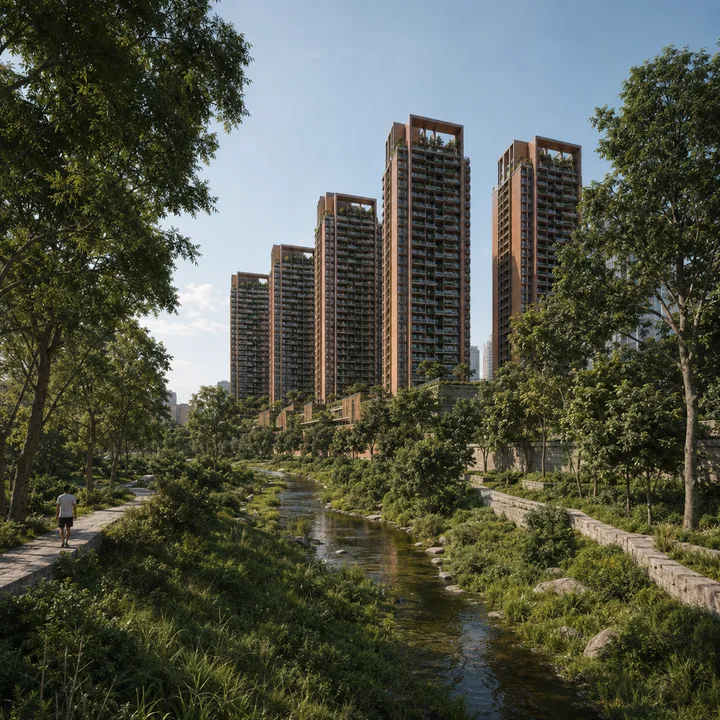 Total Environment Butterfly of Dreams retained tertiary nala corridor with its 15 m bank buffers forming a linear landscape spine through the campus