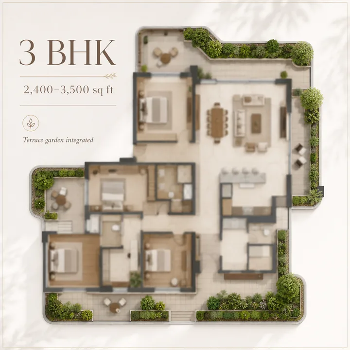 Total Environment Butterfly of Dreams 3 BHK apartment floor plan with integrated terrace garden, indicative 2,400 to 3,500 sq ft