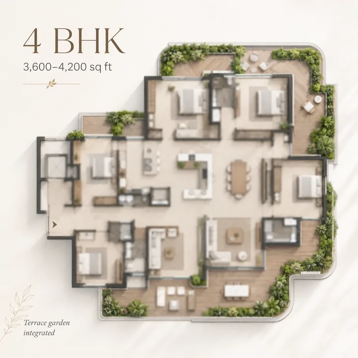 Total Environment Butterfly of Dreams 4 BHK apartment floor plan with integrated terrace garden, indicative 3,600 to 4,200 sq ft