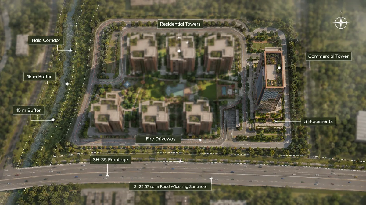 Total Environment Butterfly of Dreams master plan showing six residential towers, the commercial tower, three basement levels, the fire driveway, the tertiary nala corridor with 15 m buffers, the SH-35 frontage and the 2,123.67 sq m road-widening surrender