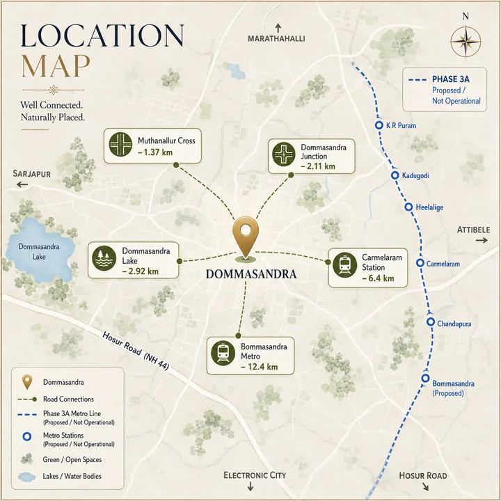 Total Environment Butterfly of Dreams location map showing Muthanallur Cross at 1.37 km, Dommasandra Junction at 2.11 km, Dommasandra Lake at 2.92 km, Carmelaram railway station at 6.4 km, Bommasandra metro at 12.4 km, Hosur Road NH 44 and the proposed Phase 3A metro line marked not operational